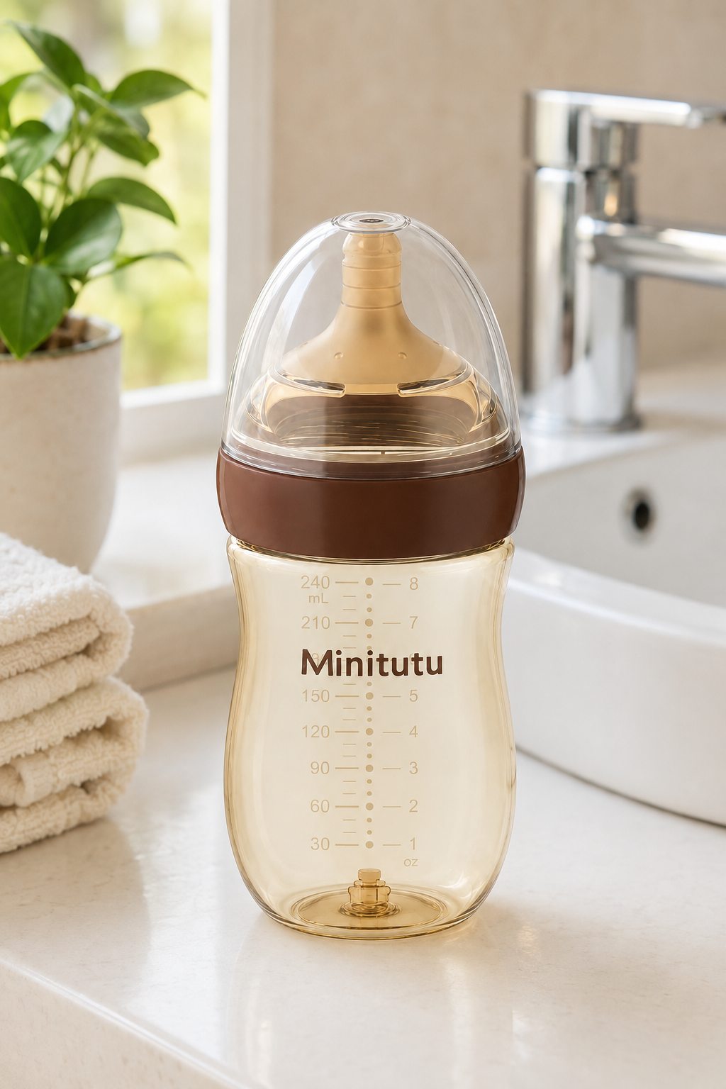 Minitutu Anti-Bloating PPSU Feeding Bottle 240ml CB715 – Brown, 3–6 Months